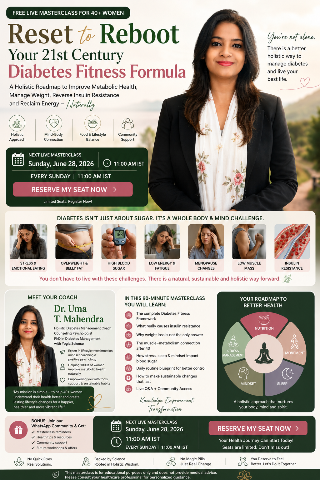 Dr. Uma T Mahendra — Reset & Reboot Diabetes Fitness Masterclass flyer with details, learning outcomes and roadmap